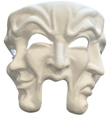 Maschera teatrale bianca vuota con 3 facce - Per decorare, dipingere e indossare.
