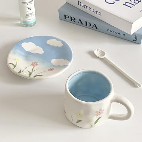 umsl Juego de taza de café de cerámica coreana con pintura pellizcada a mano, taza de alto nivel para té de la tarde