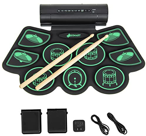 KOMFOTTEU Elektronisches Schlagzeug Set, Tragbarer E-Drum mit 9 Pads, Roll-Up Drum Pad mit Stereo-Lautsprecher/USB/ MP3-Anschluss/ 2 Drumsticks, Schlagzeug-Pad Elektronisch Trommel