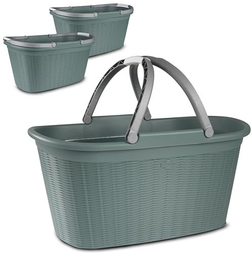 3x Panier à linge 35 L vert avec 2 poignées - 57,5x37x29 cm Design rotin sans trous - en plastique recyclé Corbeille ménagère Panier à linge Corbeille à linge Panier trieur Corbeille à linge Panier à
