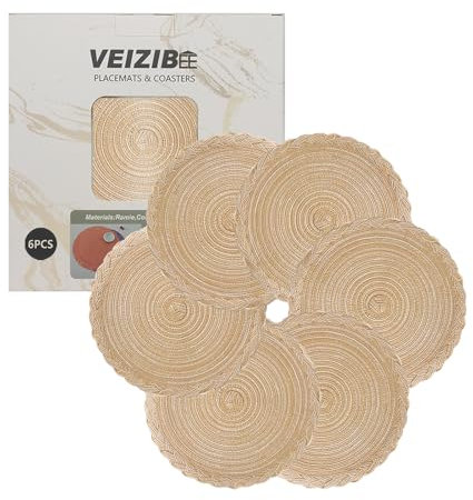 VEIZIBEE Tappetini da Tavolo，Resistente al calore intrecciato Pizzo Tovagliette da Pranzo Tappetini da Pranzo Lavabili Antiscivolo Rotondi Cucina Tavolo da Pranzo Stile Europeo (kaki, 18cm)