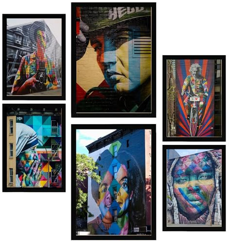 Nacnic Set de 6 Cuadros Graffiti, Frida, Jackson, Teresa, Einstein. Street art ilustración de diseño para decorar las paredes del hogar. Habitación A3 y A4 Marco negro