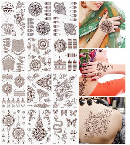 URAQT Brown Red Temporary Tattoo Sticker, 12 Sheets Indian Mandala Flower Tattoo for Women Girls, Waterproof Body Sticker for Neck Chest Arm, Body Art Sticker For Wedding Party Festival