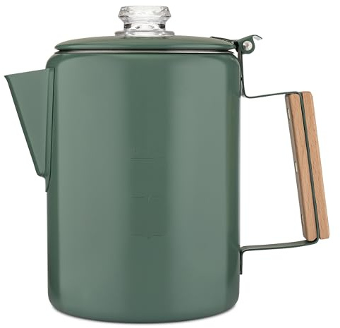 COLETTI Bozeman Camping-Kaffeekanne – Camping-Kaffeemaschinen, Kaffeeperkolator – Amerikas schlankster Perkolator – kein Aluminium oder Kunststoff [Camp Green, 9 Tassen]