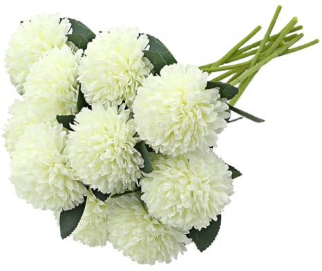10 Pcs White Dandelion Artificial Flowers, Lifelike Silk Chrysanthemum Ball Hydrangea Fake Flower Bouquet Floral Arrangement for Home Garden DIY Vase Garland Wedding Summer Hawaii Party Decoration