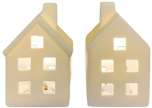 Schöne LED Lichthäuser in Weiß 7,6 cm - Beleuchtete Weihnachtshäuser aus Porzellan für Weihnachtsdorf und Dekoration - Skandinavische Deko für Wohnzimmer im Landhausstil mit warmen LED-Licht