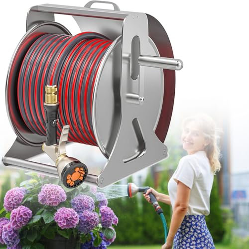 ZXNANA Robuster Gartenschlauchaufroller mit einziehbarer Kurbel. Wandmontierter/bodenmontierter Metallschlauchaufroller. Bietet Platz (40m)