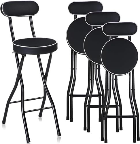 Sgabello pieghevole portatile con schienale, set di 4 sgabelli da bar pieghevoli neri da 65,6 cm, per adulti, sedie pieghevoli imbottite per cucina, giardino e campeggio