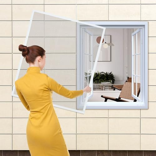 Jaxguom Fliegengitter Fenster mit Rahmen W120 X H140 cm Insektenschutz Fenster weiß mit Alurahmen,Mückengitter Fenster Zuschneidbare,Fliegenschutz Fenster Moskitonetz Ohne Bohren und Schrauben