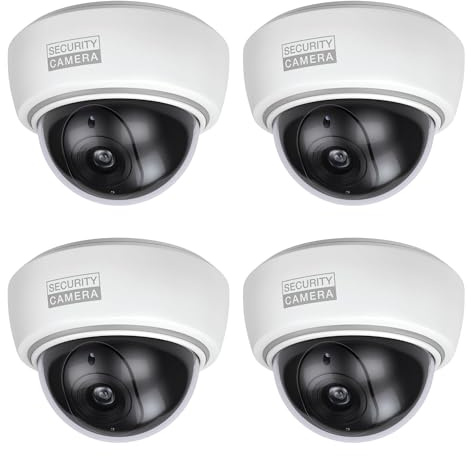 BASI | Set de 4 cámaras falsas de domo con luz LED intermitente | Cámara falsa | Lente de cámara de vigilancia para interiores y exteriores protegidos | Montaje en pared y techo | Blanco | CCTV