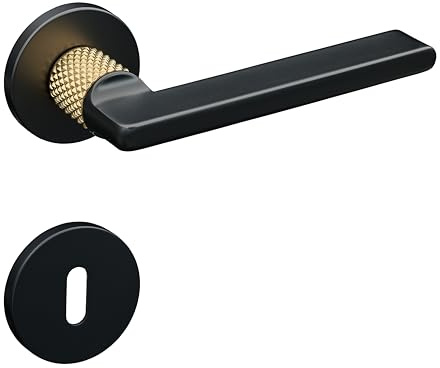 Gavroche Türgriffe Schwarz Matt Gold Set BB Buntbart | Türklinken für Innentüren | Drückergarnitur für Zimmertür mit runder Rosettengarnitur aus Zink Türbeschlag in L-Form und Designer Rändelgriff