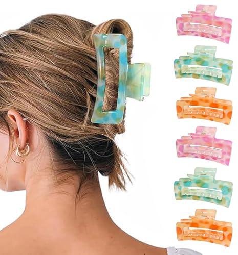 XFSRG Pince Cheveux Femme Grande Antidérapantes Hair Clip pour Longs Epais et Bouclés Hair Claw Clip pour Femmes Filles 6 Pcs Pince à Cheveux Plates