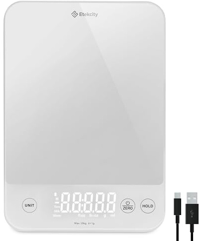 Etekcity USB Küchenwaage,10kg Küchenwaage Digital, Präzisionswaage 1g genau | Wasserdichte Waage Küche, Tara-Funktion - 10KG-1g -Weiß-Glas, Kitchen Scale zum Abmessen von Flüssigkeiten