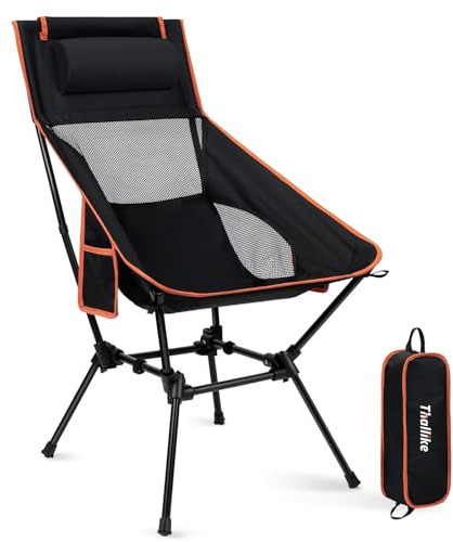 Thallike Campingstuhl Hochlehner Faltbar 150kg, Ultraleichter Tragbar Klappstuhl mit Kopfstütze 2 Seitentaschen, Kompakter Angelstuhl Klappbar mit Tragetasche für Camping, Strand, Outdoor und Wandern