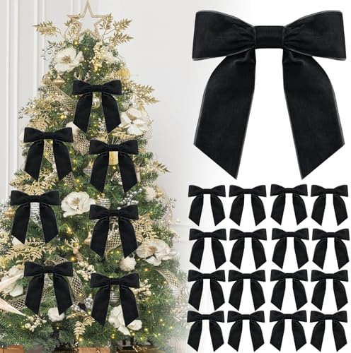 16P Christmas Black Velvet Ribbon Gift Bows,4.3 Black Velvet Bows with Twist Ties,Christmas Tree Bow,Vintage Wedding Velvets BowXmas Wreaths Garland Velvets Ribbon for Pretied Gift Wrapping Bows