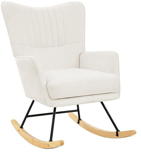 LUE BONA Schaukelstuhl aus Chenille mit extra dickem Sitzkissen, Polstersessel mit Armlehnen & Holzkufen, Bequemer Relaxstuhl für Wohnzimmer, Beige