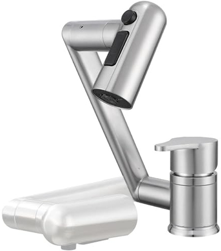 Robinet pliable rotatif à 360 ° avec pulvérisateur 3 fonctions pour camping-car, camping, bateau, yacht, finition brossée, design peu encombrant, installation sous fenêtre