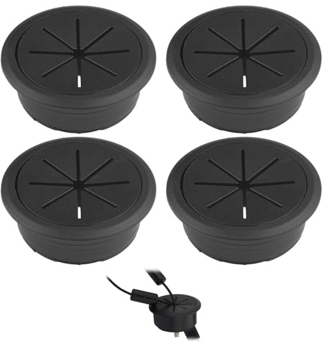 4 Piezas Pasacables Escritorio 60mm, Negro, Plástico | Cubierta de Orificio de Cable de Plástico Negro, Tapa Pasacables para Mesa Oficina Computadora y Muebles de Trabajo