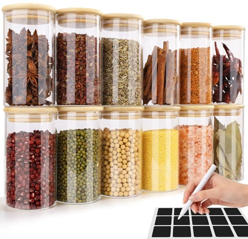 Otauoaea 12stk. Gewürzgläser Rund, 300ml Gewürzdosen Groß, Vorratsgläser mit Deckel & Etiketten, Gewürzbehälter Spice Jars Gewürzaufbewahrung für Kräuter & Tee, ⌀6,5cm x 12,5cm
