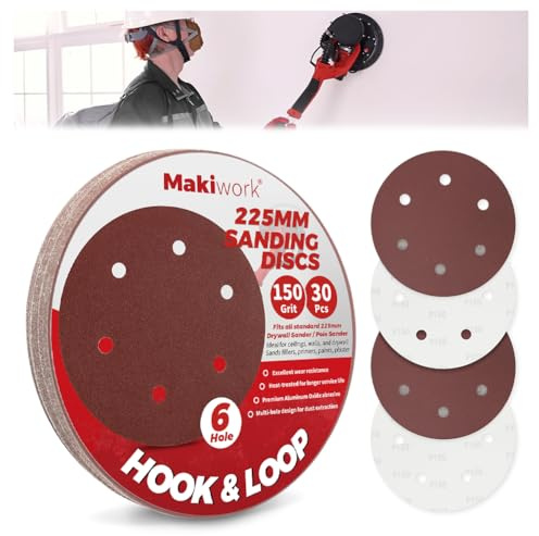 Makiwork 30PCS 225mm 6-Hole 150 Grit Hook & Loop Sanding Discs – Heavy-Duty Aluminum Oxide Sandpaper for Drywall Sander, Paint Removal, Wood & Metal Surface Prep