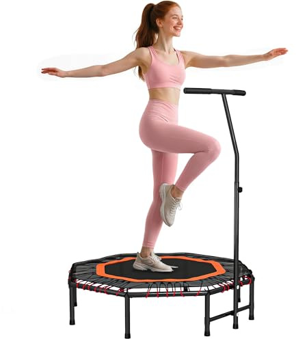 HOMCOM 48 Octagonal Mini Trampoline Fitness Rebondisseur Intérieur Extérieur Pliable Mini Sauteur avec Poignée Ajustable, Charge Maximale 150 KG, Orange