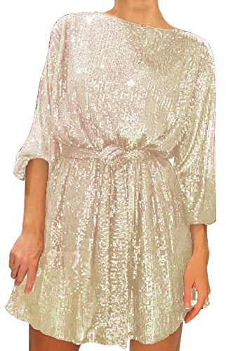Silvester Outfit Damen Schwarz Festliche Paillettenkleid Elegant Glitzerkleid Abendkleider SexyLangarm Glitzer Kleid Party Festlich Kleider Figurbetontes Pailettenkleider Silvesterkleid (Gold, M)