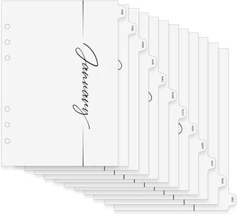 Celblisora 12 Blatt A5 Monats-Registerkarten für Ordner mit Monatsregister, 6 Fach Gelochte, strapazierfähige Trennblätter aus Karton für Tagebücher,Ordner und Notizbücher