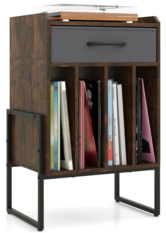 COSTWAY Mesa para Tocadiscos, Mueble para Tocadiscos y Vinilos con Cajón de Tejido, Estantes Abiertos, Estructura Metálica, Mesa Auxiliar para Discos, Vinilos, Salón, Oficina, Estilo Industrial