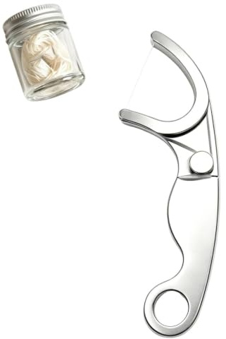 Dentals - Soporte de hilo dental con mango de hilo dental, cepillo de hilo dental recargable, acero inoxidable, mango de hilo dental