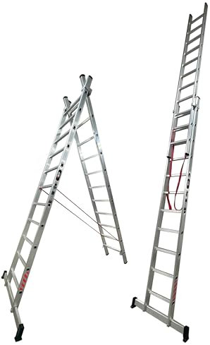 BTF Escalera de Aluminio Extensible 2 tramos transformable en Tijera, 3,0+3,0 Metros, 11 peldaños por Tramo | Ideal para Trabajos en casa, Chalet, finca Rural o Local Comercial. BTF-EDB6730