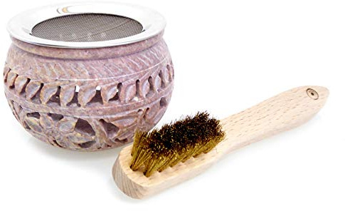 Fumaga – Räucherstövchen Aurum aus Speckstein mit Sieb inkl. silbernes Plättchen, wahlweise inkl. Räucherbürste