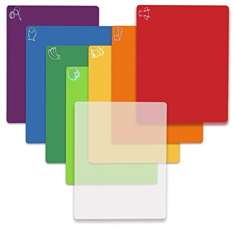 Cutting Board Mats Flexible Plastic Colored Mats with Food Icons, Fotouzy BPA-Free, Non-Porous, Anti-Skid Back and Dishwasher Safe, Set of 7+1