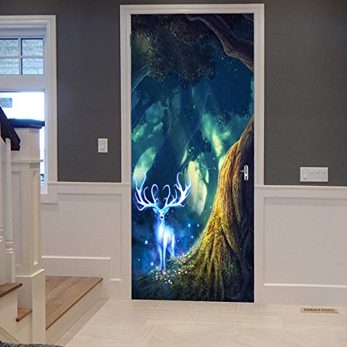 A.Monamour Türtapete Selbstklebend Türfolie Türposter 3D Magische Wald Bäume Fantasie Feen Hirsch Verzauberte Wälder Abstrakt Vinyl Folie Türdeko Tapete Wandbild Türaufkleber Türtattoo 90 x 200 cm