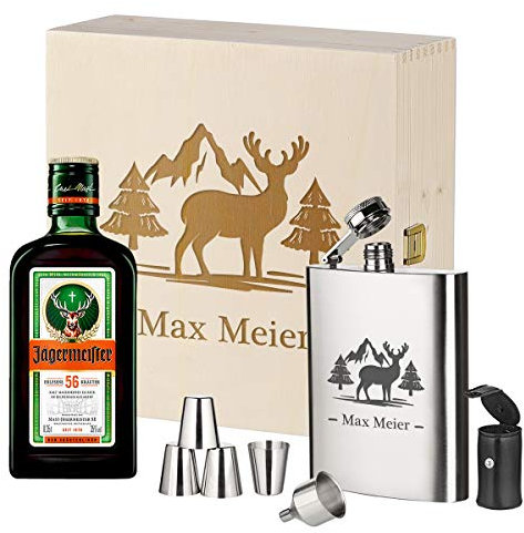 polar-effekt 3-TLG Geschenkset Personalisierter Edelstahl Flachmann mit Holzkiste und Jägermeister - Ideal für Camper, Wanderer, Jäger - Geburtstag - Motiv Hirsch mit Tanne