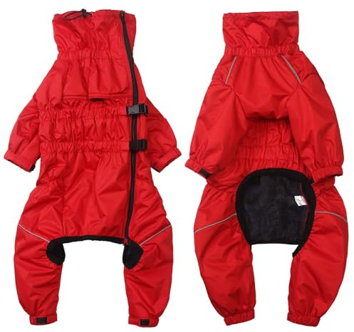 babepet Hunde Wintermantel 1/2 Hosenanzug mit Beinen, Wasserdicht Regendicht Hund Jumpsuit mit Fleece Futter, Winddicht, reflektierend, für Kleine und mittelgroße Hunde-Rot-M