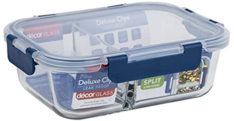 Décor Deluxe Clips Glass Food Storage Container with Split Compartments, BPA-Free Airtight & Leakproof Lid Storage Container, Dishwasher, Freezer & Microwave Safe, Odour Resistant Glass Jar, 980ml
