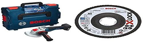 Bosch Professional 18V System Akku Winkelschleifer GWX 18V-10 PSC (mit X-LOCK, Ø: 125mm, ohne Akkus und Ladegerät, in L-BOXX) + Gewinkelte Fächerschleifscheibe Best (für Metall, Ø125 mm, Körnung K80)