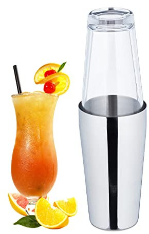Relaxdays Shaker da Cocktail, Boston Mixer da Barista, 2 Parti, 400 e 600 ml, Acciaio Inox e Vetro, Argento Trasparente, 6 x 8,7 cm