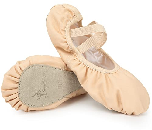 Soudittur Ballettschuhe Mädchen Ballettschläppchen Damen Tanzschuhe Gymnastikschuhe Yogaschuhe Durchgehende Ledersohle für Kinder und Erwachsene