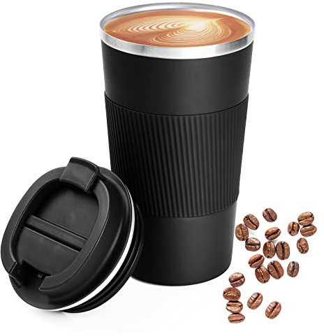 Breteil Travel Mug 500ml Reusable Coffee Cup Vacuum Insulated Coffee Mug Portable with Leakproof Lid Stainless for Hot/Cold Water and Tea (Black)