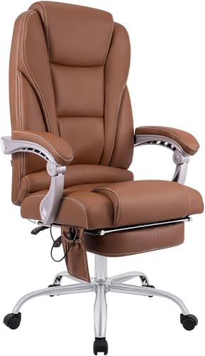 CLP Bürostuhl ergonomisch Pacific mit Echtleder-Akzenten und Massagefunktion, höhenverstellbarer Drehstuhl mit Armlehnen, 150kg belastbar Farbe Hellbraun