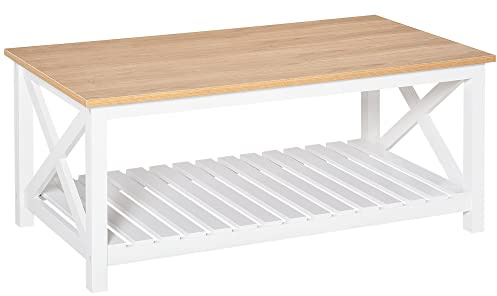 HOMCOM Mesa de Centro para Salón Mesa de Café con Estante de Almacenamiento Inferior para Dormitorio 116x60x48 cm Natural y Blanco