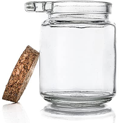 VASANA Frasco de Sal de baño de Vidrio Transparente de 250ML, Recipiente para Polvo, Bote con Tapa hermética, Corcho y Cuchara madera contenedor de almacenamiento de alimentos