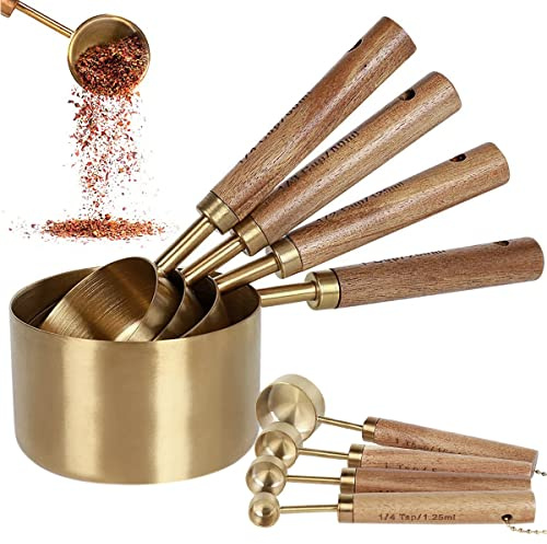 8 Pcs Measuring Cups and Spoons Set with Solid Wooden Handle, Stainless Steel Stackable Measuring Cup Set for Baking & Cooking Dry or Liquid Ingredients