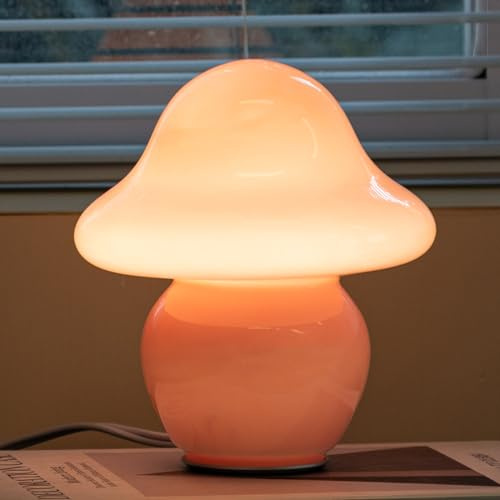 HEQET Pilzlampe, orange farbene Glaspilz-Tischlampe für Schlafzimmer, Wohnzimmer, ästhetische Lampen für Schlafzimmer, süße Nachttischlampe (Rosa)