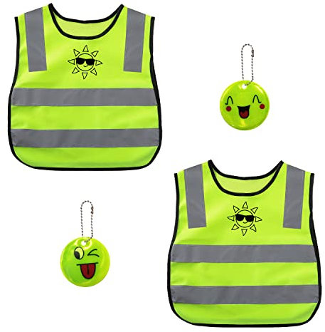 2 gilets réfléchissants haute visibilité, 2 pendentifs réfléchissants pour sacs d'école, gilet de sécurité pour enfants, gilet respirant jaune fluorescent, taille universelle pour enfants.