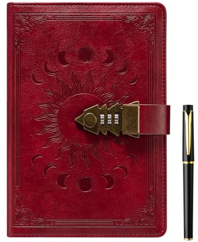 ZXHQ Diary with Lock for Women & Men,A5 240 Pages Lockable Journal with Pen, Refillable Leather Journal Writing Notebook (8.5 × 5.9 Inch) Wine Red