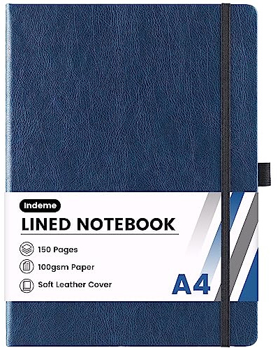 Indeme A4 Notizbuch, Notizbuch A4 mit 144 Seiten Premium-Papier, Kunstleder klassisches Schreiben, A4 Notizbuch, Tagebuch, 21,2 x 29,1 cm, Hardcover, Blau