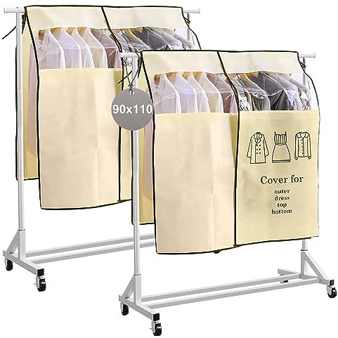 EXLECO 2er Abdeckung für Kleiderständer 90*110cm Anti-Staub Abdeckung Staubschutz vor Feuchtigkeit Garderobenständer Kleidung Schutzhülle Kleiderschutzhülle Staubdicht Kleidersack mit Magic Tape Beige