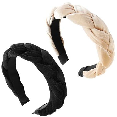 MEMOFYND 2 Stück Samt-Stirnbänder, Rutschfeste Stirnbänder, Geflochtene Stirnbänder, Damen-Make-up-Haarbänder, Make-up-Stirnbänder, Twist-Haarbänder, Dicke Stirnbänder (Beige, Schwarz)